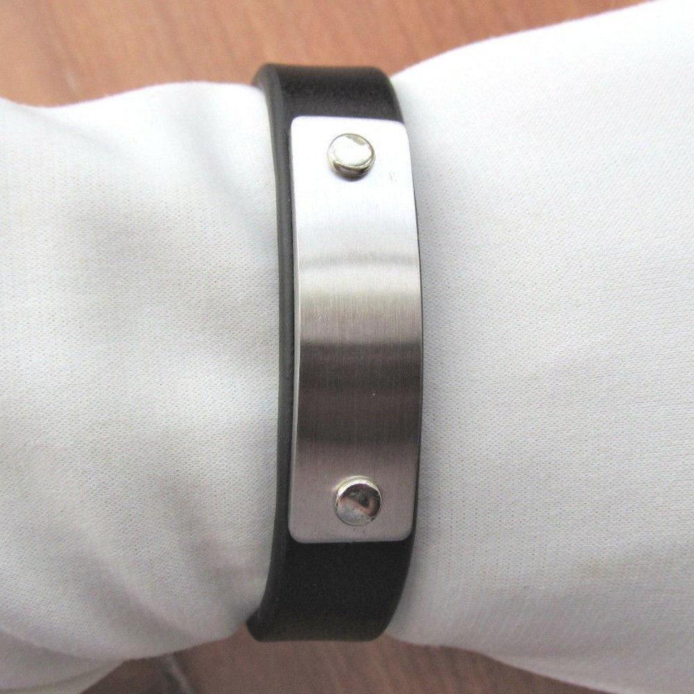 Unisex Dark Brown Leather ID Bracelet Adjustable